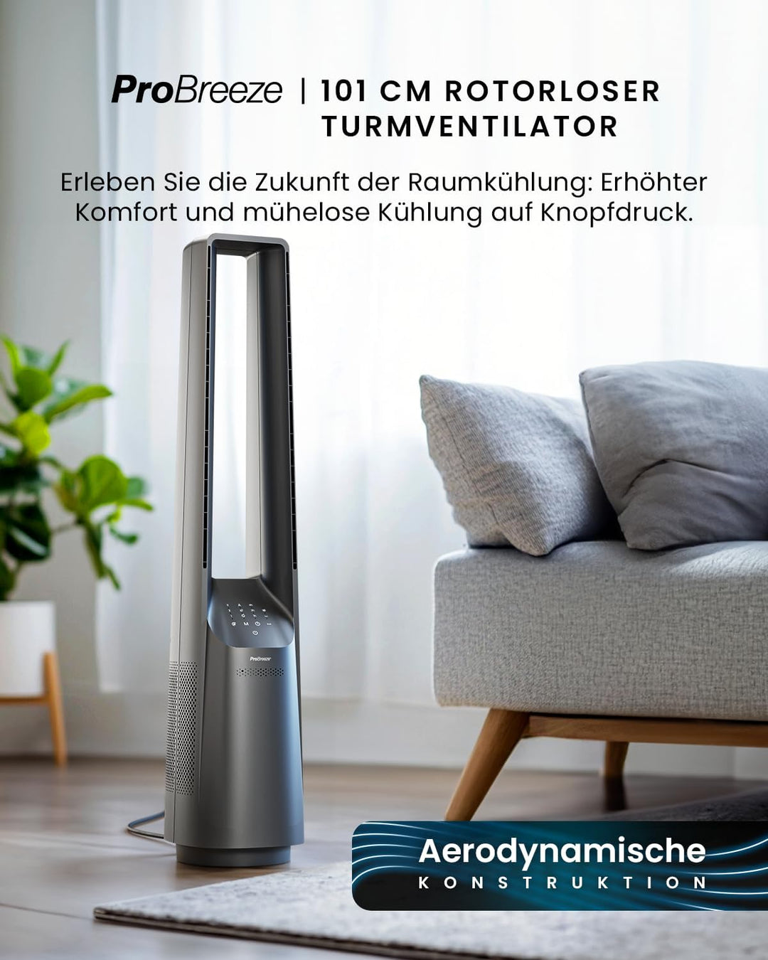 Pro Breeze 101cm rotorloser Ventilator - Ventilator oszillierend mit Fernbedienung, LED Display, 6 G