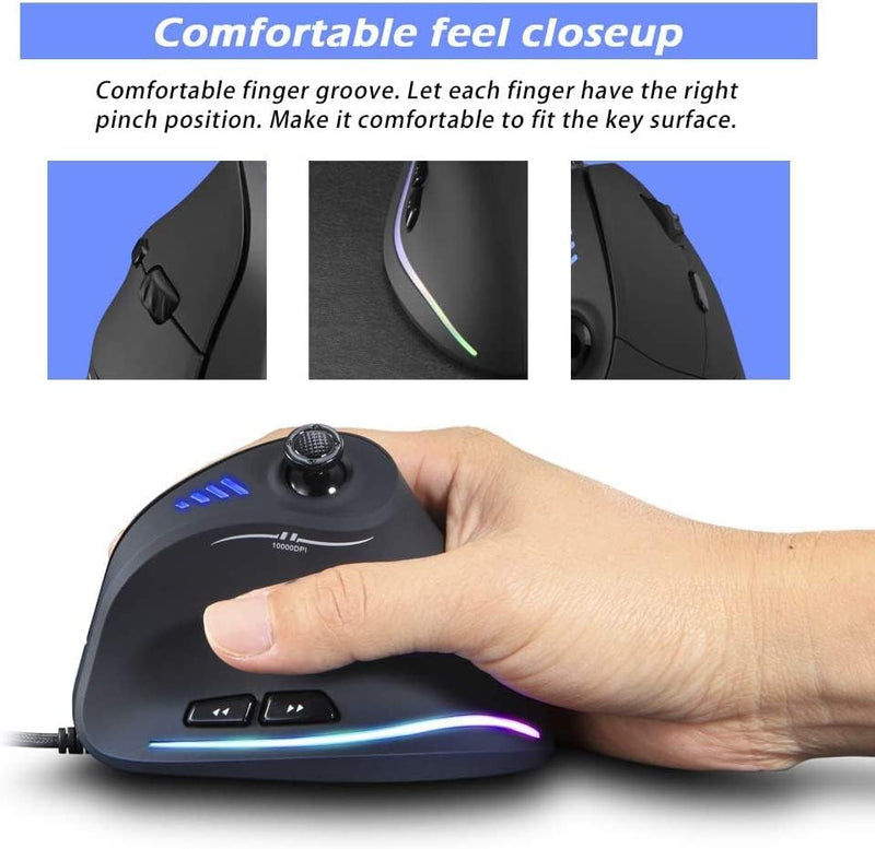 Zeerkeer Vertikale Maus 10000 DPI, ergonomische Maus mit RGB-Beleuchtung, 5 einstellbare DPI (1500-2