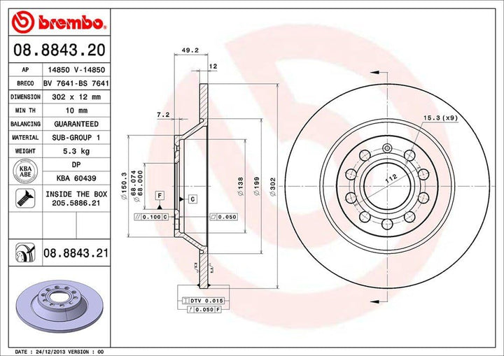 Brembo 08.8843.21 Hintere Bremsscheibe, Anzahl 2