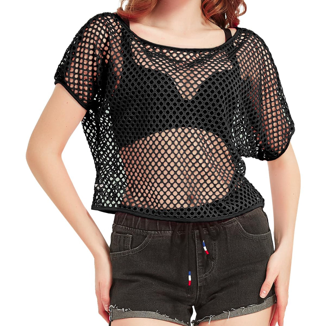 WILDPARTY 80er 90er Jahre Outfit Damen, Netzoberteil, Mesh Oberteil, Neon Shirt Aerobic Kostüm Sexy,