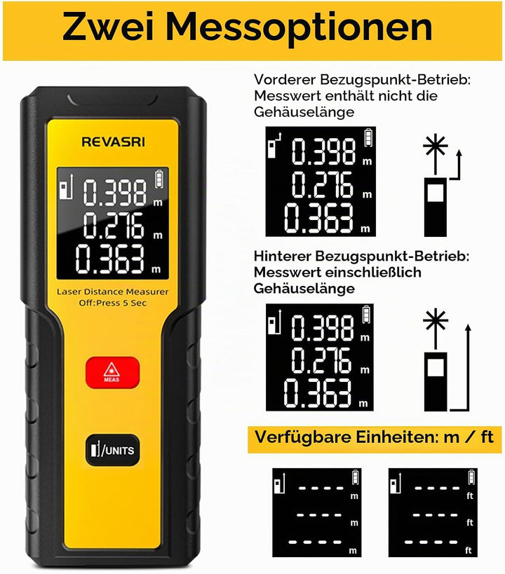 Laser Entfernungsmesser | REVASRI Digital Entfernungsmesser | Einfache Bedienung|Reichweite 50m | Mi