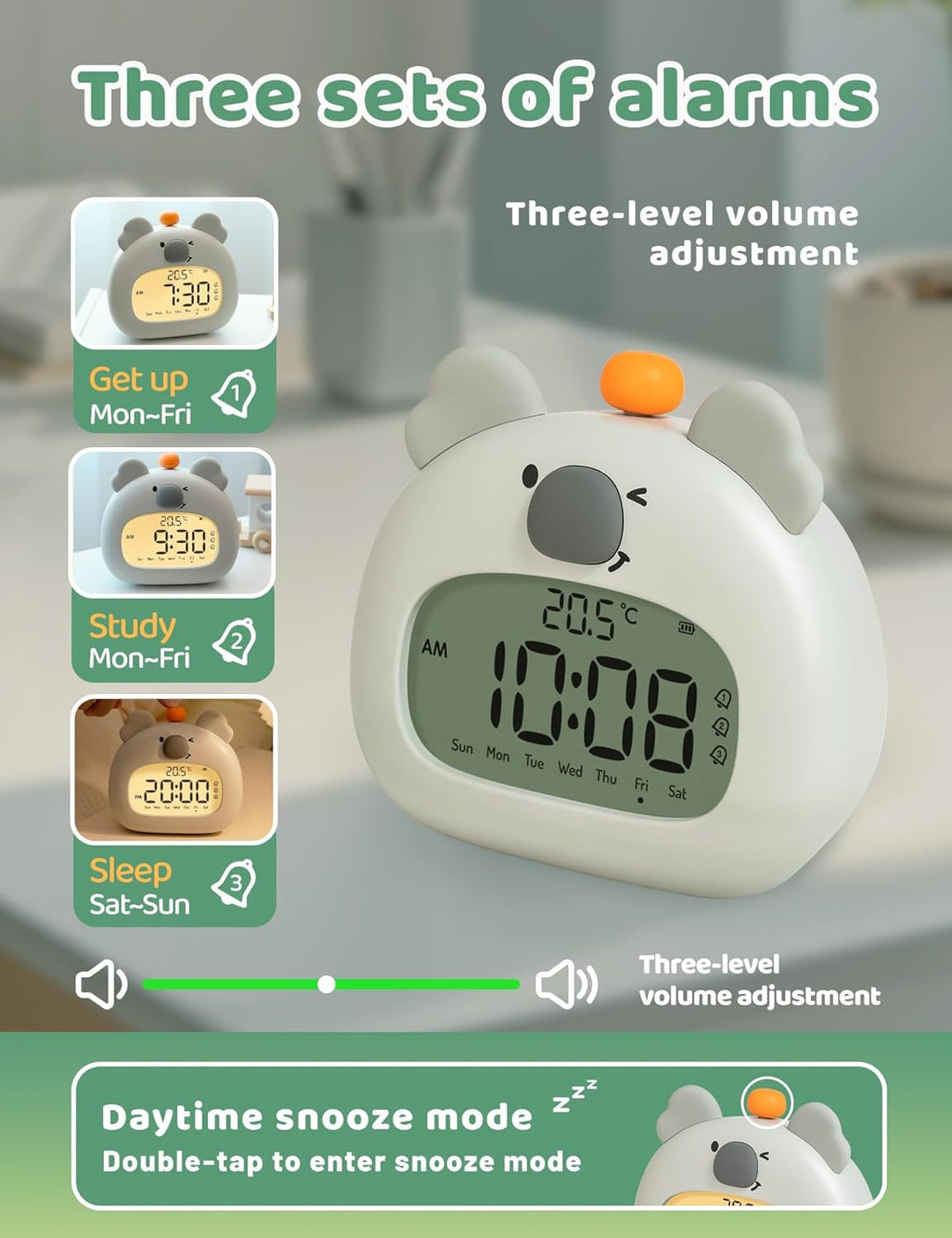IHALO Koala Kinderwecker, Nachttischwecker mit Koala Nachtlicht, digitales LED-Display, 3,15 Zoll, D