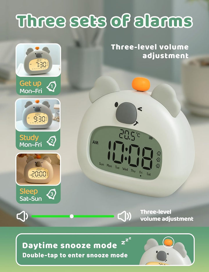 IHALO Koala Kinderwecker, Nachttischwecker mit Koala Nachtlicht, digitales LED-Display, 3,15 Zoll, D