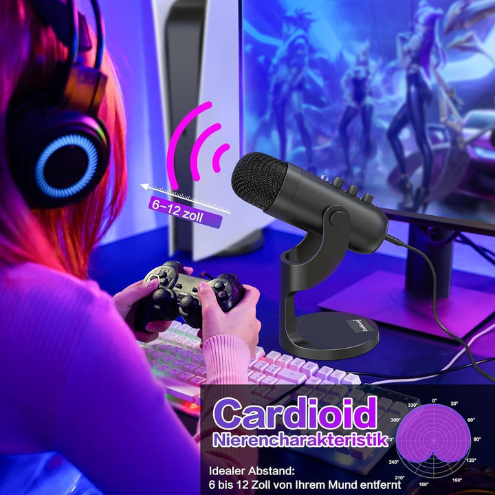zealsound USB Mikrofon, Kondensator Mikrofon für PC Handy, PS4, PS5, Microphone PC USB C für Gaming,