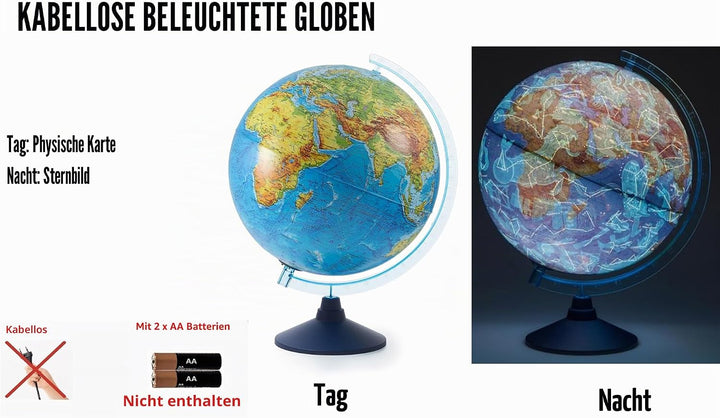 EXERZ 25 cm Relief AR Globus beleuchtetes kabelloses LED-Licht – physische Karte (Tag) – Consellatio