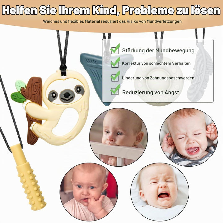 CLDY Kaukette für Kinder, 5 Stück Sensory Kauen Halskette, Kau-Charm, Beissring aus Silikon BPA-frei