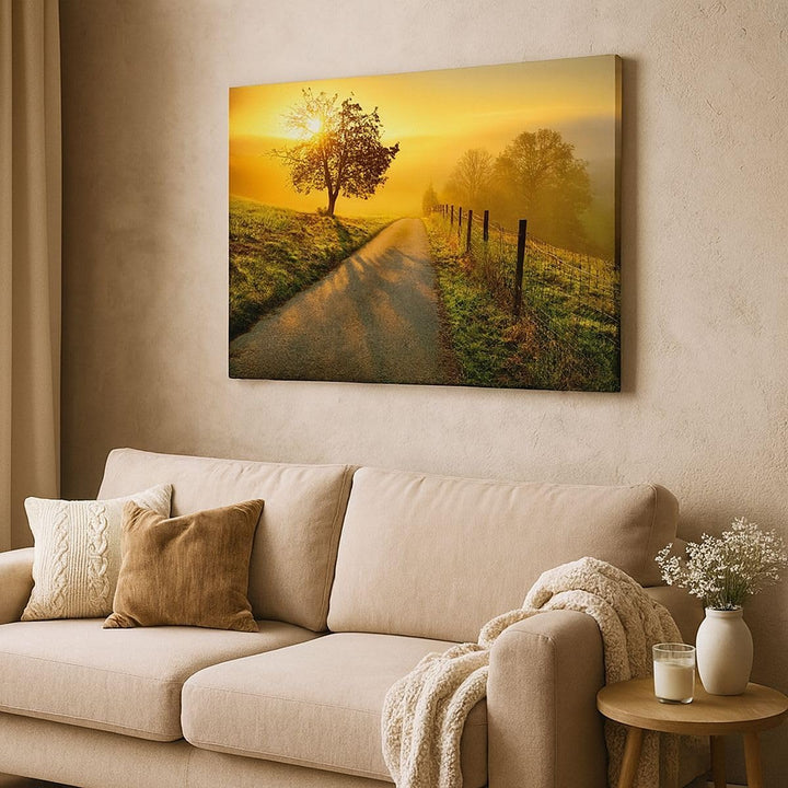 Bilder auf Leinwand 100x70cm Leinwandbild mit Rahmen Feld Strasse Baum Gross Wanddeko Bild Schlafzim