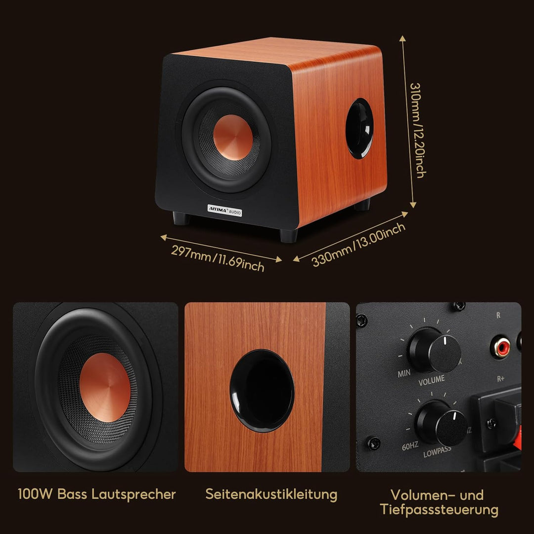 AIYIMA 800X Subwoofer Aktiv 8 Zoll, 100Watt Sub Woofer mit RCA AUX LFE Eingänge, Integrierter Verstä