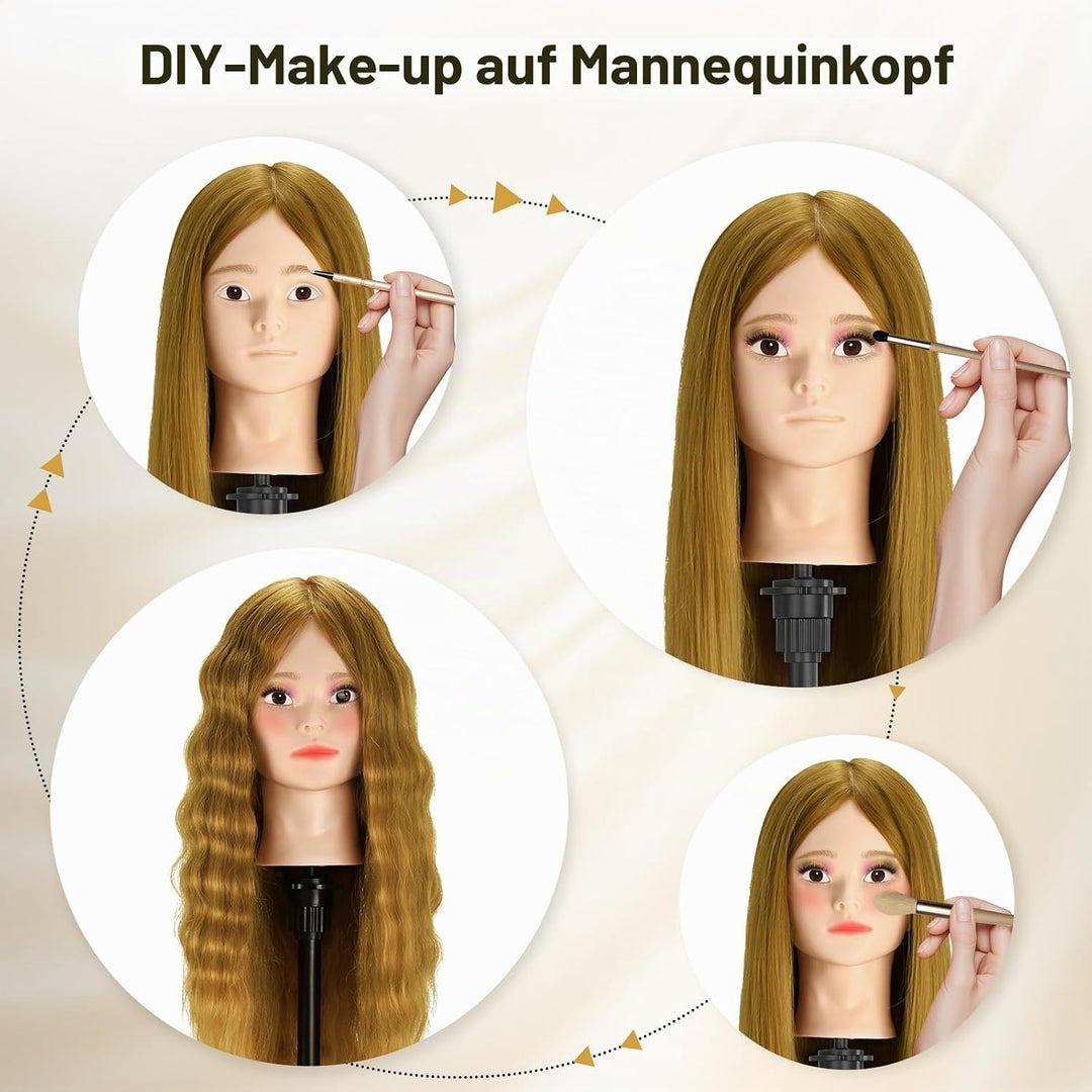 Friseurkopf mit Stativ, Trainingsköpfe mit 90% Echthaar 58CM, Schaufensterpuppe zum Frisieren, für K