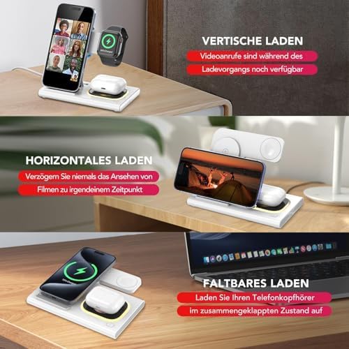 Aimtel 3 in 1 Ladestation für Apple Watch iPhone Faltbare&amp;Nachtlichter weiss, weiss