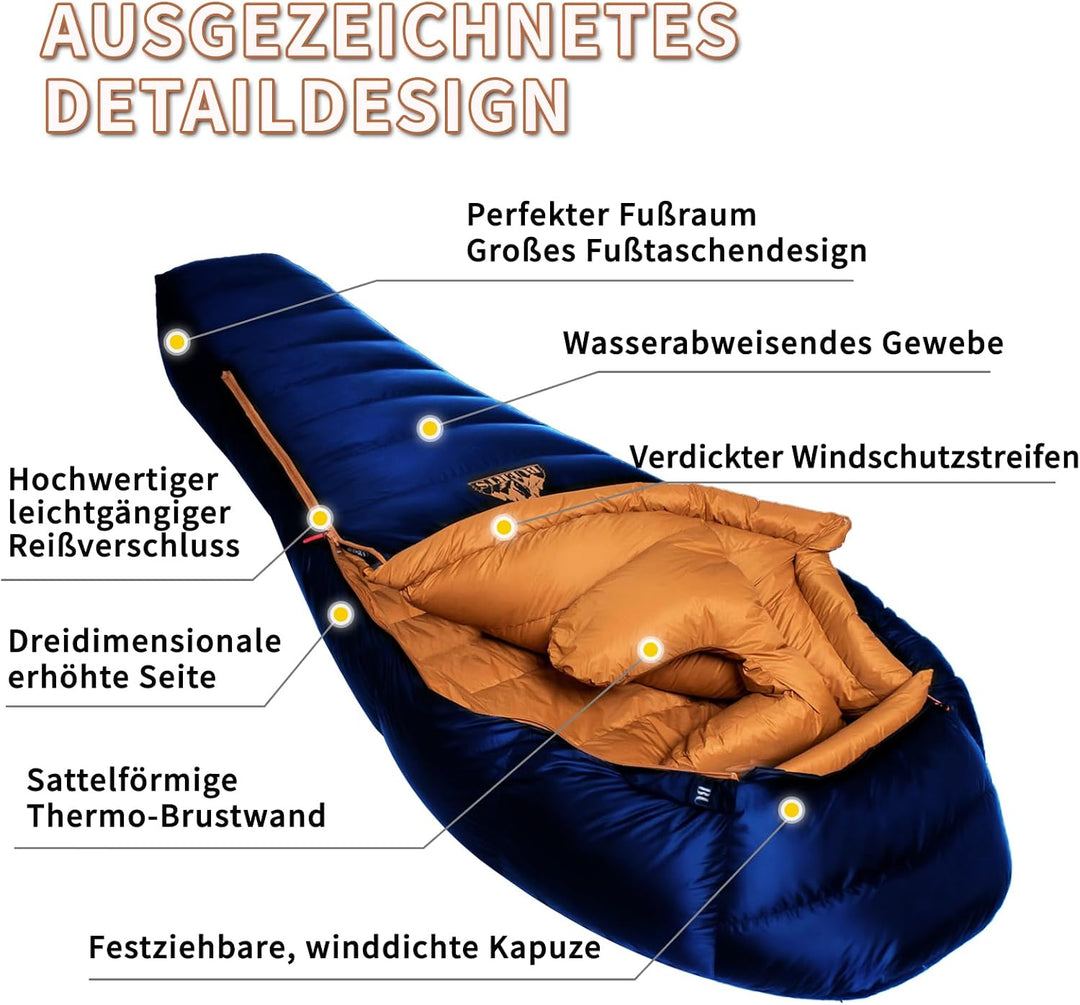 Winter-Daunenschlafsack, für 0 bis -24°C kaltes Wetter. Ultraleichter Mumien-Schlafsack, für Erwachs