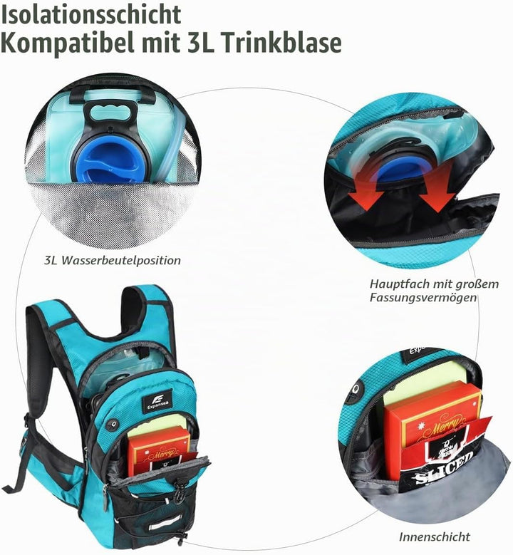 Trinkrucksack mit Trinkblase 3L BPA-Frei, Wasserdichter Outdoor-Rucksack, Rucksack mit Trinksystem,