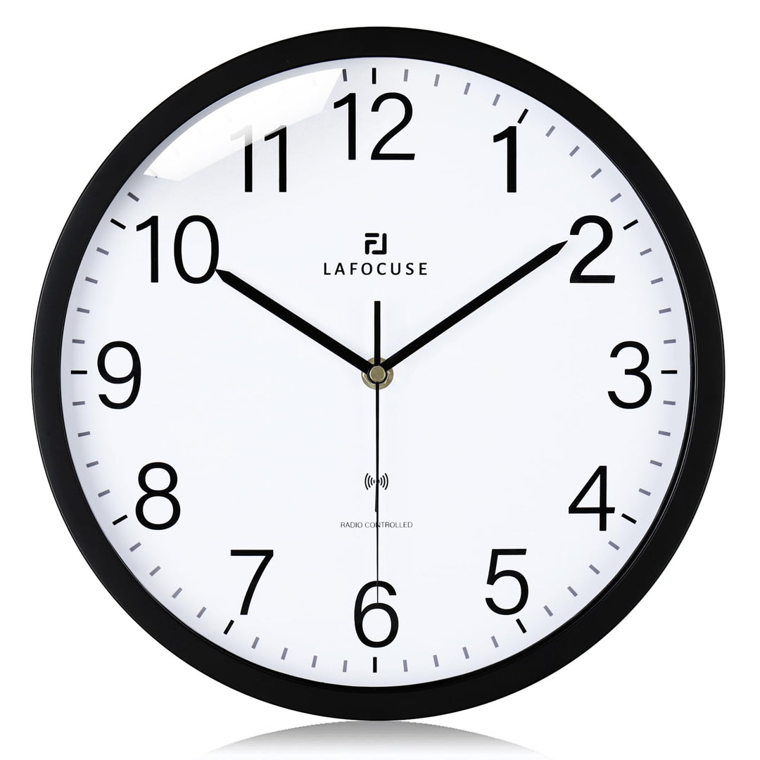 Lafocuse Funk Wanduhr Lautlos 30cm, Modern Funkuhr Hohe Genauigkeit, Schwarz Einfach zu Lesen Wanduh
