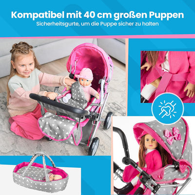 Kinderplay Puppenwagen ab 1 2 3 Jahre Kinderwagen Spielzeug - 3 in 1, Puppenwagen mit Herausnehmbare