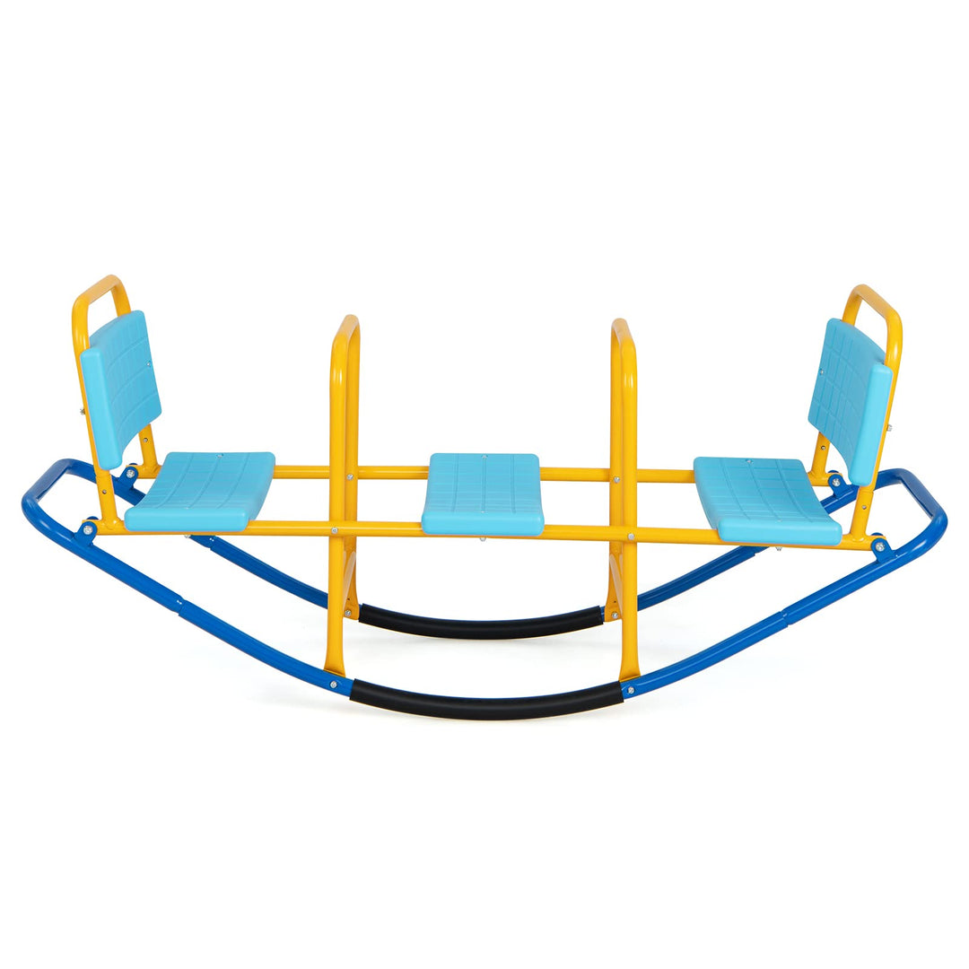 DREAMADE 3 Sitzer Kinder Wippe mit Rückenlehnen und Griffe, Schaukelwippe Metall 136x60x39cm, Karuss