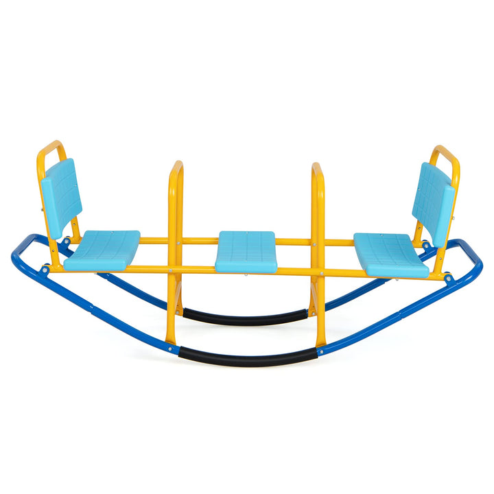DREAMADE 3 Sitzer Kinder Wippe mit Rückenlehnen und Griffe, Schaukelwippe Metall 136x60x39cm, Karuss