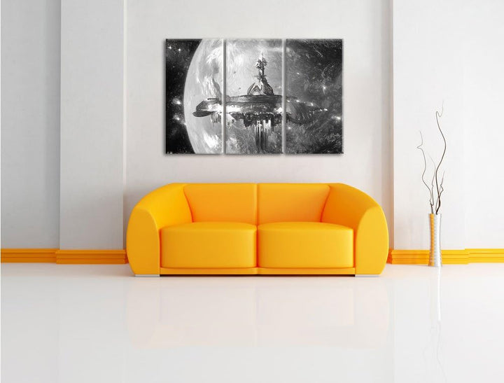 Pixxprint Raumschiff vor der Erde / 3-Teilig/Gesamtmass 120cm Leinwandbild bespannt auf Holzrahmen/W