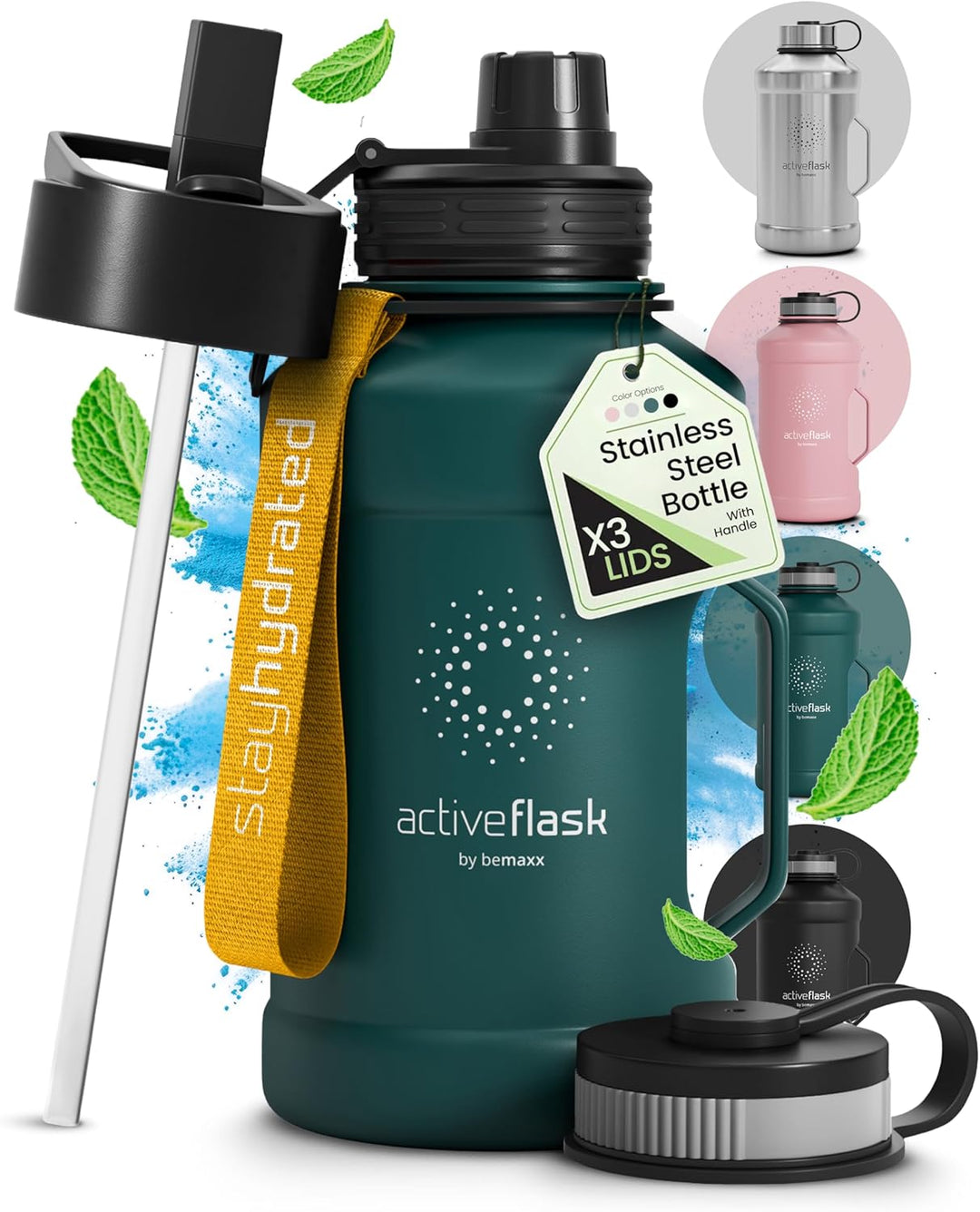 BeMaxx Trinkflasche Edelstahl ACTIVE FLASK + Strohhalm (3 Deckel) | Grosse 1,3 Liter Sportflasche BP