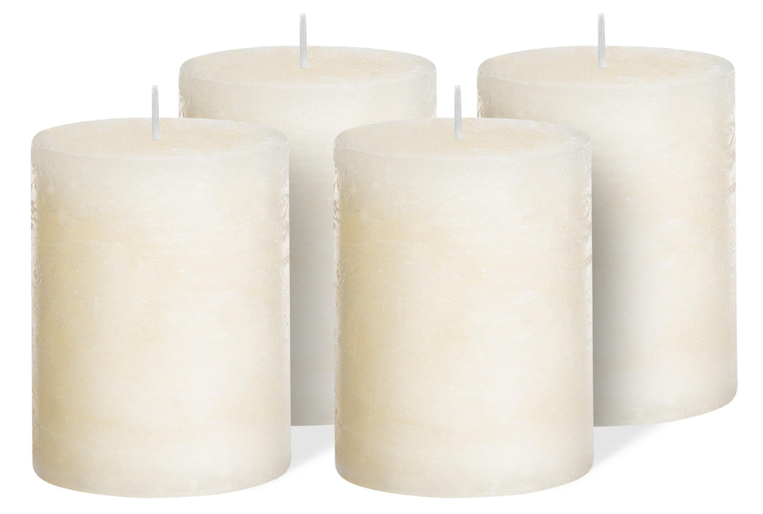Brandsseller 4er Set Stumpenkerzen 7x10 cm – durchgefärbt & aus Paraffin – rustikale Kerzen mit lang