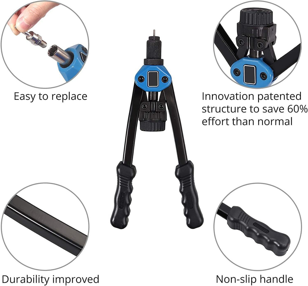 Handnietwerkzeugsatz, 33 cm lange Griffe mit 7 metrischen Dornen und 110 Nietmuttern von M3 bis M12
