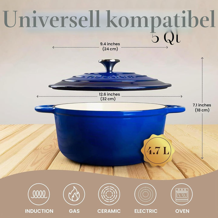 Gusseisen Dutch Oven mit Deckel – Emaille-Topf mit Antihaft, Ofenfest bis 260°C – Dunkelblau, 4.7 Li