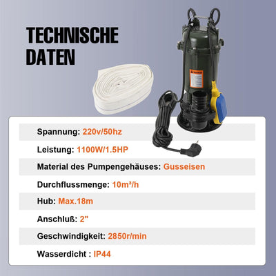 Lfhelper Tauchpumpe 1100W Schmutzwasserpumpe 2 Röhtenbach 2850r/min Fördermenge Wasserpumpe Fäkalien