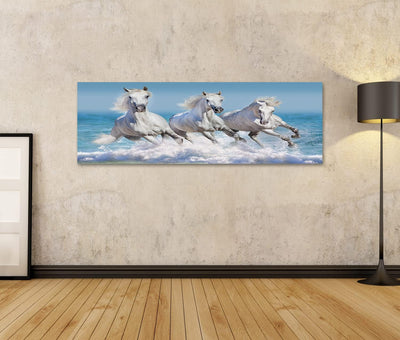 Bild auf Leinwand Pferde Wasser Weisses Pferd Herde Run Waves Ocean Wandbild Poster Kunstdruck Bilde