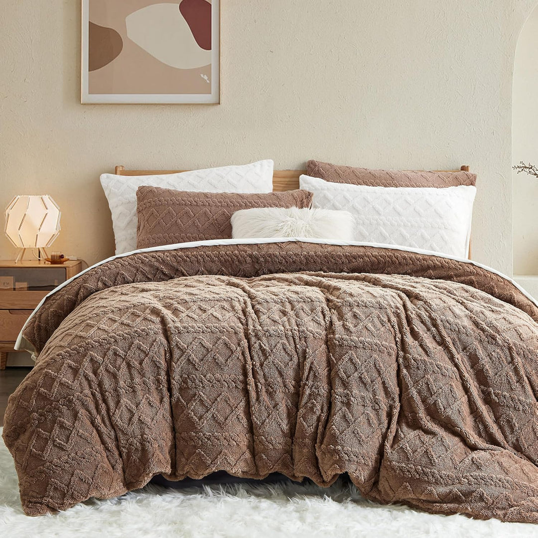 Freyamy Plüsch Bettwäsche 135x200 4tlg Warme,Romantisch Khaki Bettwäsche Getuftet Boho,Flauschig Ted