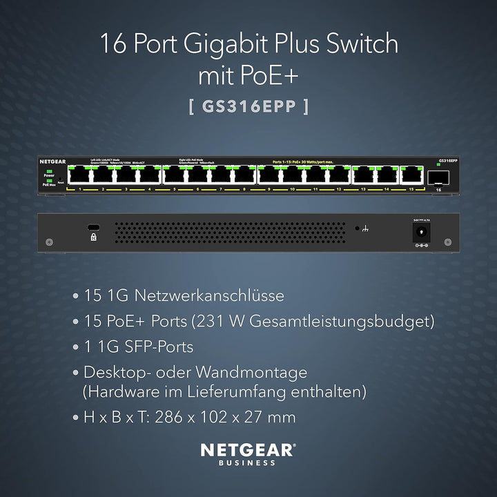 NETGEAR GS316EPP Switch 16 Port Gigabit Ethernet LAN PoE Switch Plus (mit 15x PoE+ 231W & 1x SFP, Ma