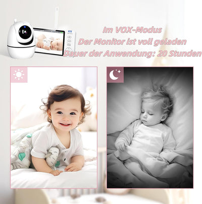 HT Babyphone mit Kamera, 5-Zoll-Bildschirm, 720P-Kamera, Zwei-Wege-Audio, Fernbedienung Drehung von