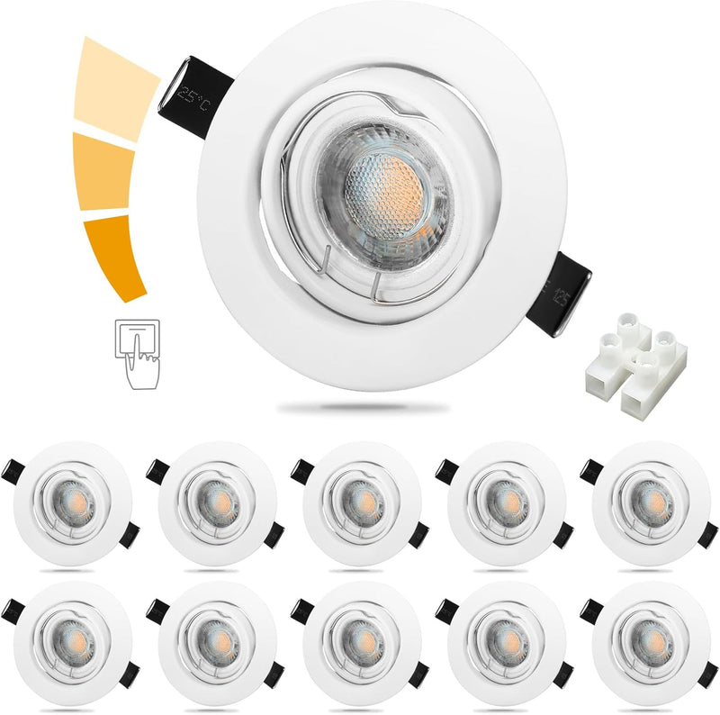 10er Set Dimmbar LED Einbaustrahler 230V Ultra Flach Einbauleuchten Schwenkbar Decke Spots Rund Weis