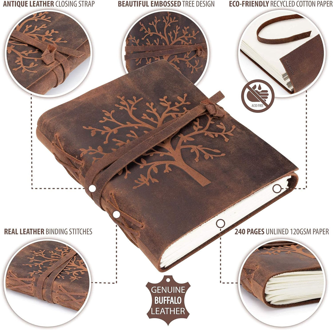 Leder Notizbuch Tree of Life | 240 Seiten aus blanko säurefreiem Baumwollpapier | 18x13cm Handgemach