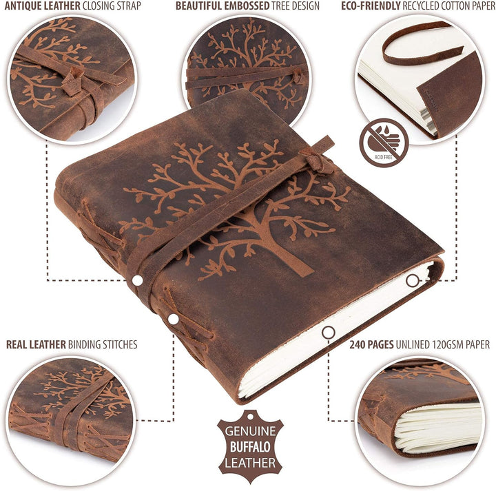 Leder Notizbuch Tree of Life | 240 Seiten aus blanko säurefreiem Baumwollpapier | 18x13cm Handgemach