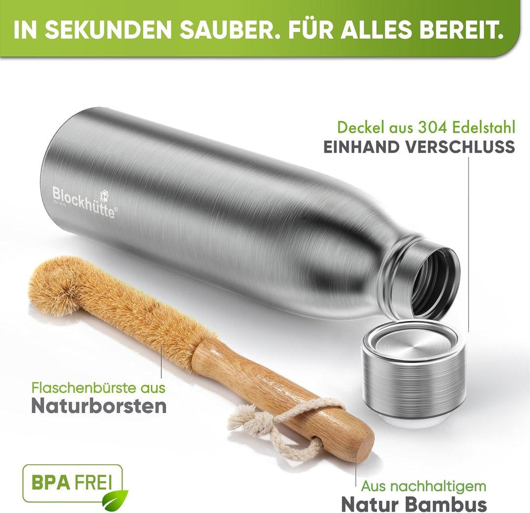Blockhütte Trinkflasche Edelstahl 750ml I Isolierte Thermosflasche, Wasserflasche Kohlensäure geeign