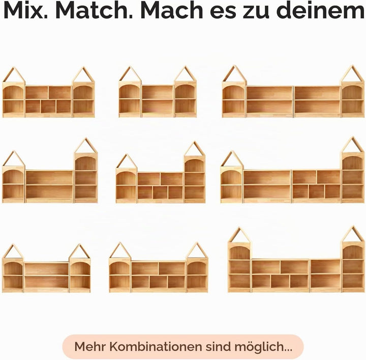 OOOK Gummiholz Kinder Bücherregal, Spielzeugaufbewahrung mit 4 Etagen, Eckregal für Kinderzimmer, Sp