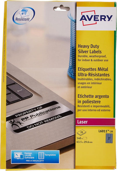 Avery L6011-20 Robuste Laseretiketten ( 27 Stück pro Blatt, 63,5 x 29,6 mm) 540 Etiketten in Silber