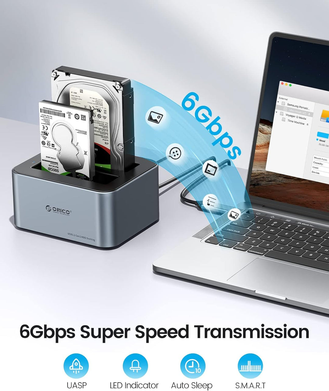 ORICO Aluminium Dual Festplatten Dockingstation, USB 3.2 Gen 2 Docking Station für SATA 2,5/3,5 Zoll