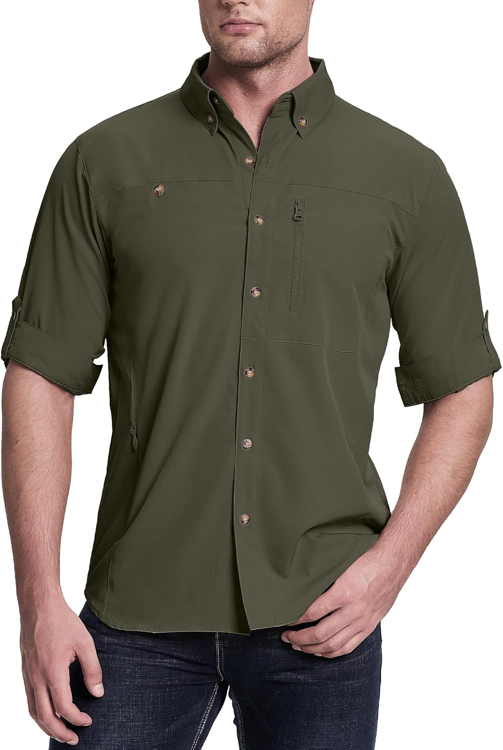 33,000ft Safari Hemd Herren Langarm Sportshemd UPF50+ UV Schutz Funktionshemd Atmungsaktiv Button-Do