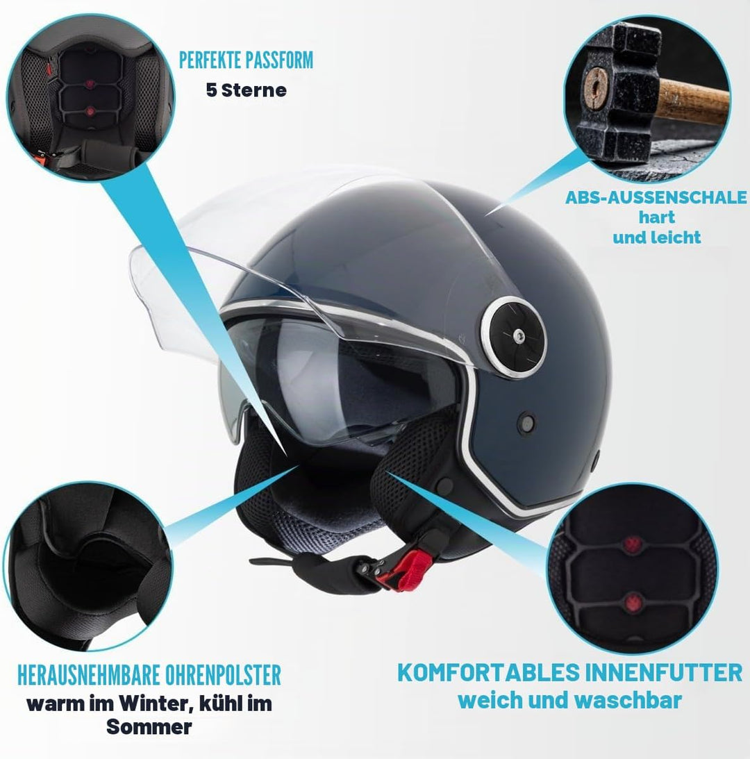 VINZ Tobia Jethelm mit Doppelvisier | Roller Helm Fashionhelm | In Gr. XS-XXL | Jet Helm mit Sonnenb