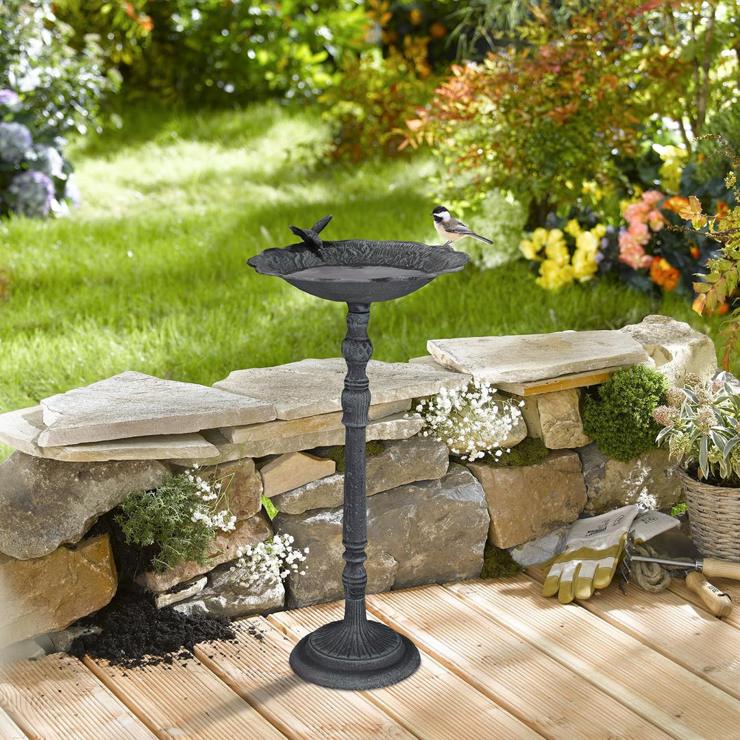 Relaxdays Vogeltränke, aus Gusseisen, Vogelbad, HBT: 74,5 x 37,5 x 35 cm, Wasser- u. Futterstelle, s