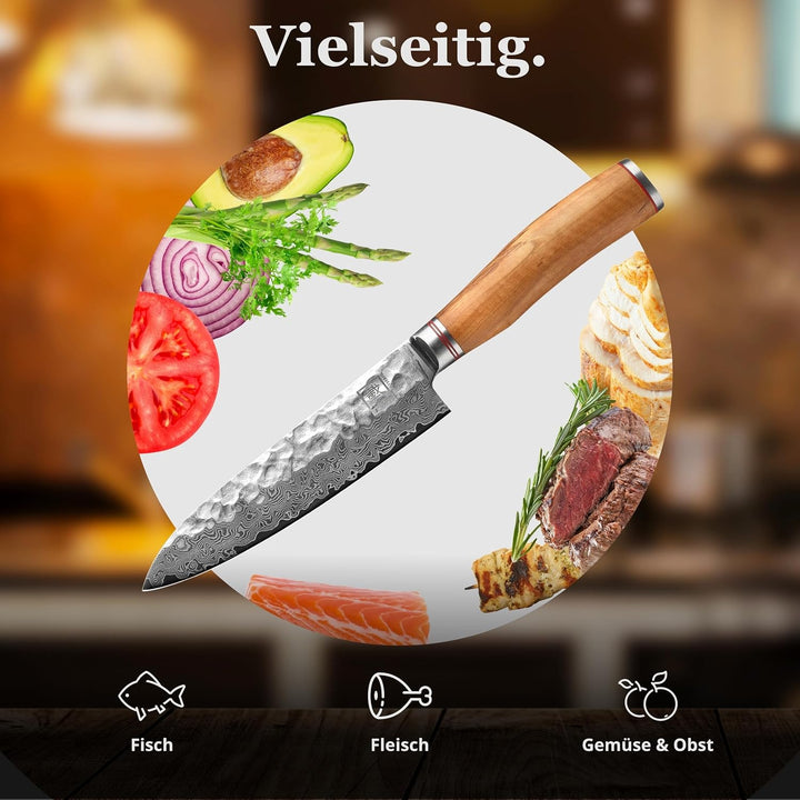Zayiko Olive Damastmesser Santoku Messer 17,50cm Klinge extrem scharf aus 67 Lagen I Damast Küchenme