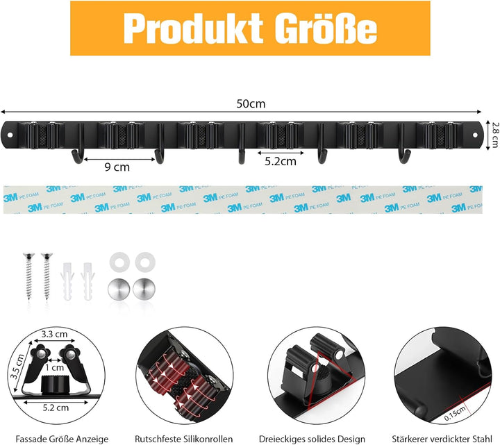 Besenhalterung Wand, Besenhalter Edelstahl, Gerätehalter Wandhalterung mit 6 Halter und 5 Haken, Bes
