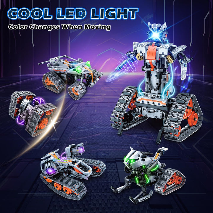Technik Roboter für Kinder mit LED Licht, 5-in-1 APP und Fernbedienung Bausatz RC Robot/Tracked/Race