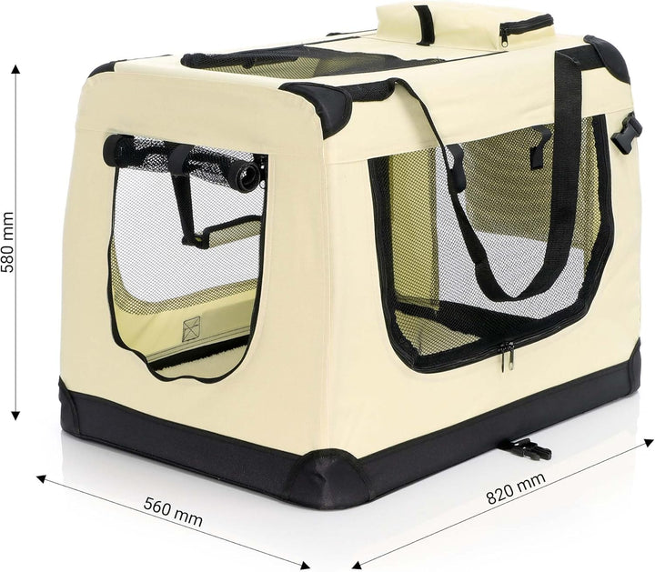 Fudajo Faltbare Transportbox in Beige für Haustiere, Grösse XL (80x58x56cm), Tragegriff, Liegedecke