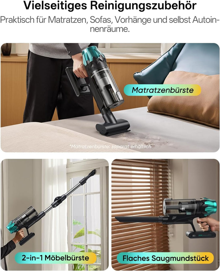 Vexilar Akku Staubsauger 55KPa/600W/60Min, Staubsauger Kabellos mit Flex-Gelenk, Green LED, Touchscr