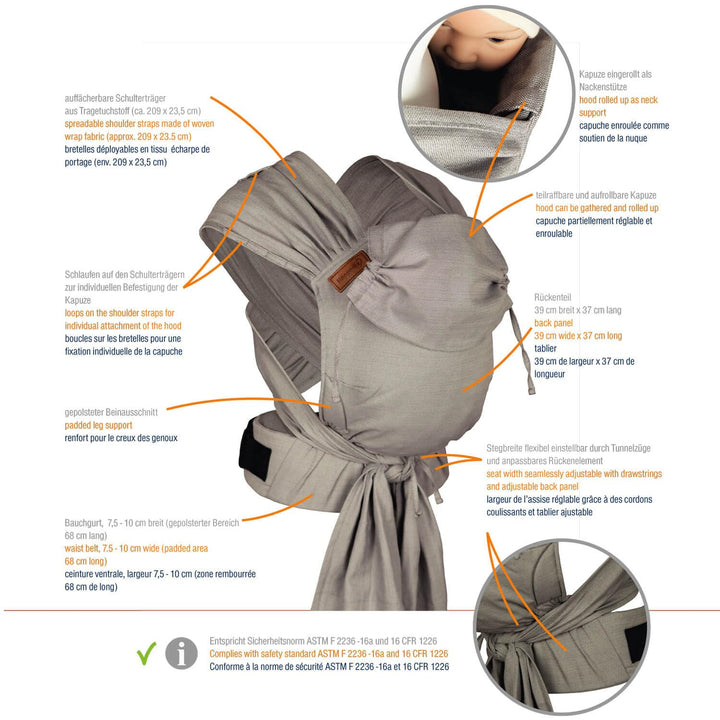 Hoppediz Hop-Tye Advanced - 4-in-1 Babytrage für Neugeborene ab Geburt - Halfbuckle Tragehilfe mit T