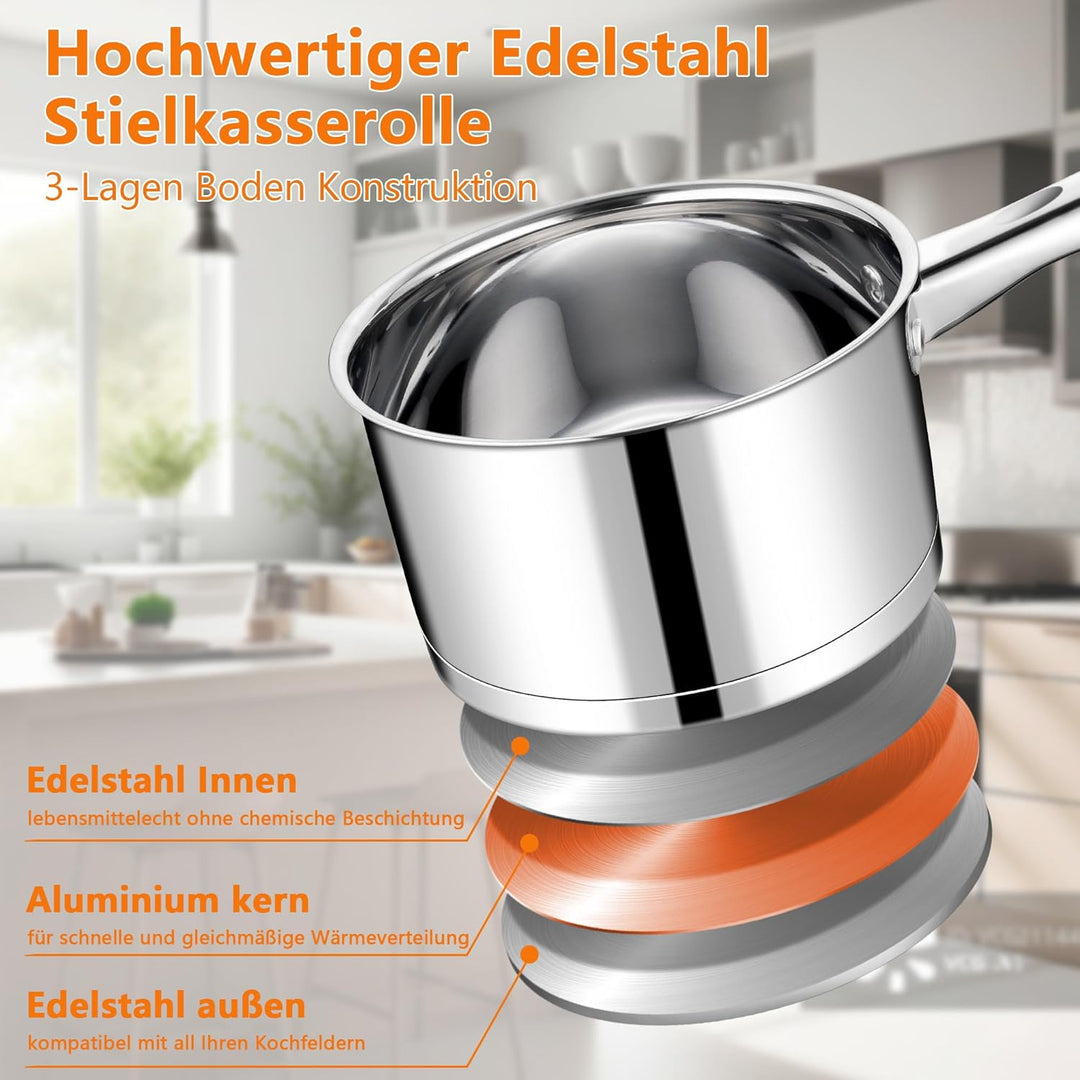 TEAMFAR Stielkasserolle, 14cm klein Edelstahl Milchtopf Topf Induktion mit Glasdeckel, 3-Lagen Boden