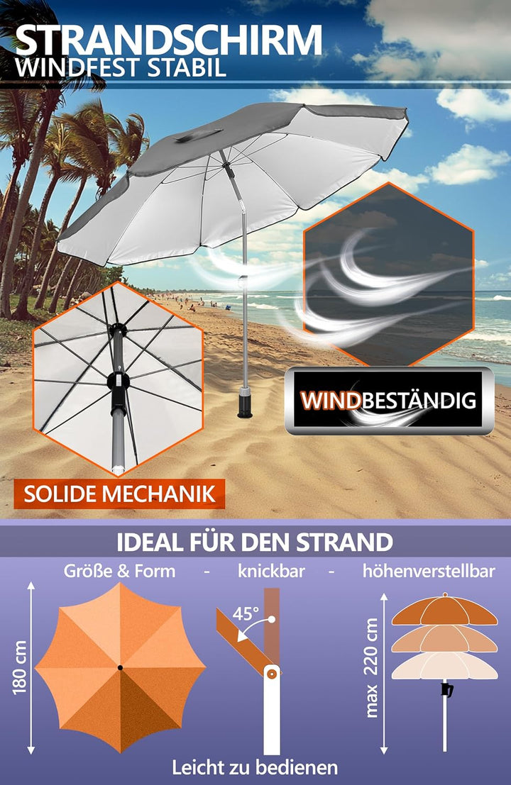 4smile Sunnyjoy Sonnenschirm Strand 3-IN-1 Set - Strandschirm windfest stabil, UPF 50+ Sonnenschirm