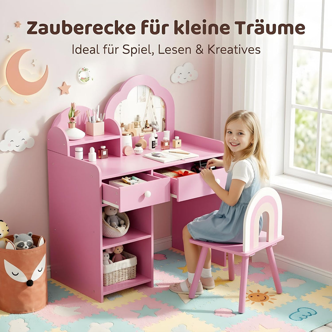 Clevich Schminktisch Kinder Set, 2 in 1 Kinderschminktisch mit Spiegel, 2 Schubladen, Schliessfächer