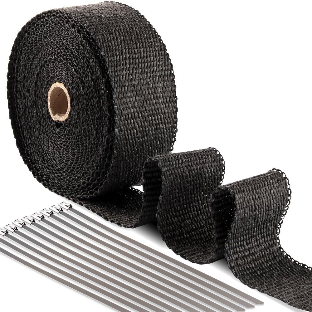 ilauke Hitze-Isolierband, 10m x 50mm Hitzeschutzband Auspuff + 7 Rohrschellen aus Edelstahl (500 °C)